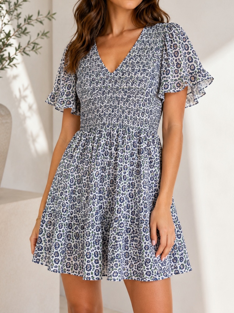 La Vie Rebecca Taylor Blue Floral Smocked Mini Dress